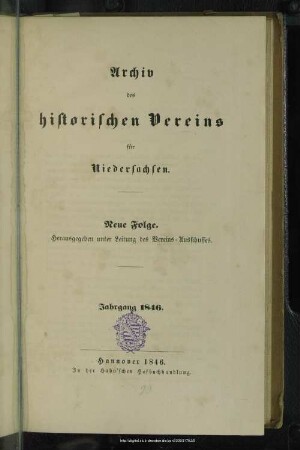 N.F.1846: Archiv des Historischen Vereins für Niedersachsen
