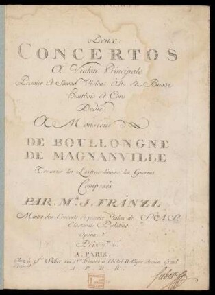 Deux concertos à violon principale, premier et second violons, alto et basse, hautbois et cors. Violino principale : opera V