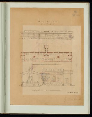 Lazarettbaracke Monatskonkurrenz Juli 1867: Grundriss, Aufriss Seitenansicht, Längsschnitt (Teilausschnitt), Querschnitt; 2 Maßstabsleisten