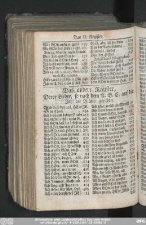 Das andere Register, Derer Lieder, so nach dem A. B. C. auf die Zahl der Blätter gerichtet.