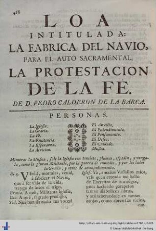 Loa para el Auto Sacramental La Protestacion de la Fè.