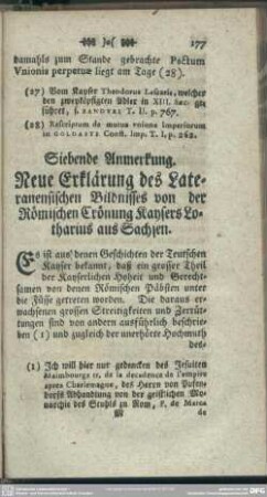 Siebende Anmerkung. Neue Erklärung des Lateranensischen Bildnisses von der Römischen Crönung Kaysers Lotharius aus Sachsen