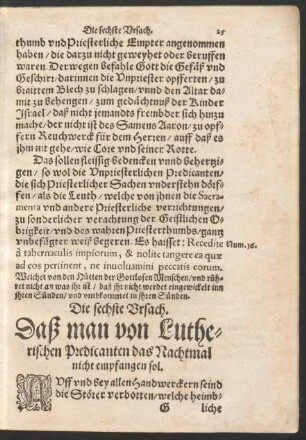 Die sechste Ursach. Daß man von Lutherischen Predicanten das Nachtmal nicht empfangen sol.