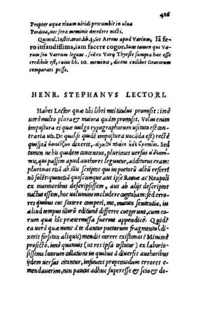 Henr. Stephanvs Lectori.