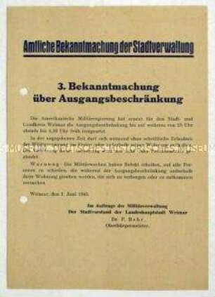 Amtliche Bekanntmachung der Stadtverwaltung von Weimar im Auftrag der Amerikanischen Militärverwaltung zur Festsetzung einer Ausgangsbeschränkung