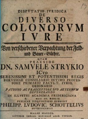 Dispvtatio Ivridica De Diverso Colonorvm Ivre : Von verschiedener Verpachtung der Feld- und Bauer-Güther