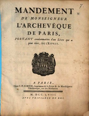 Mandement De Monseigneur L'Archevêque De Paris, Portant condamnation d'un Livre qui a pour titre, De L'Esprit