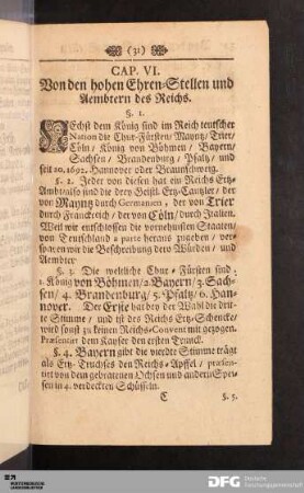 Cap. VI. Von den hohen Ehren-Stellen und Aembtern des Reichs