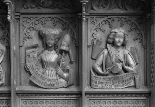 Gestühl, Rückwand mit Darstellungen von Naemi (links) und Anna (Frau des Tobias, Mitte), Bersabe (rechts)