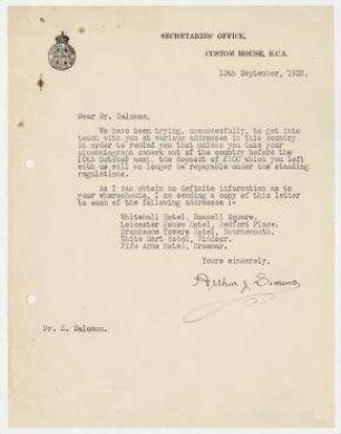 Brief von Arthur J. Simons, National Scheme For Disabled Men an Erich Salomon