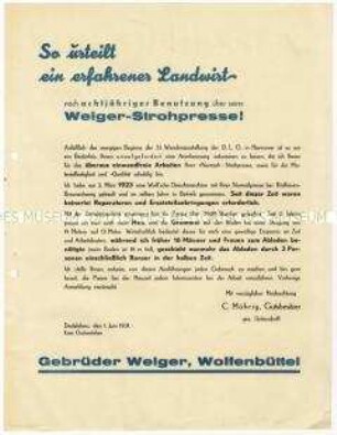 Kundengutachten über Strohpressen der Firma Welger