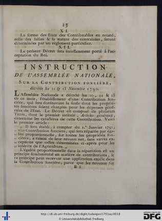 Instruction De L'Assemblee Nationale, sur la Contribution foncière.