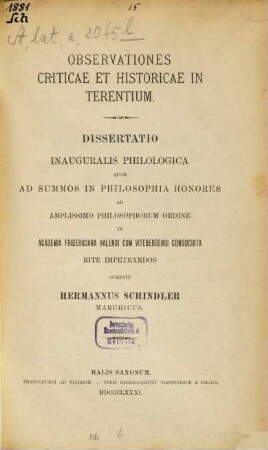 Observationes criticae et historicae in Terentium : Phil. Diss. Halle-Wittenberg