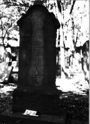 Grabstein 328 (Index: 99629839) Material: Sandstein Zustand: abgeblättert/Textverlust Maße HxBxT: 176x66x19 cm Beschreibung: Stele auf Doppelsockel mit geschwungenem Rundbogenabschluß Symbolik: Voluten am Rundbogen: Grabstein 328 (2)