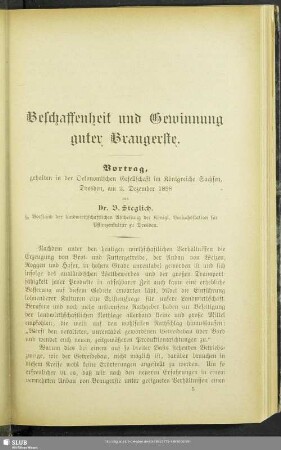 Beschafftenheit und Gewinnung guter Braugerste : Vortrag, gehalten in der Oekonomischen Gesellschaft im Königreiche Sachsen, Dresden, am 2. Dezember 1898
