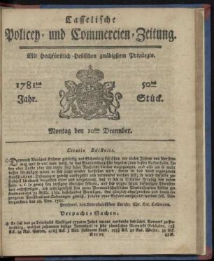 1781tes Jahr. 50tes Stück. Montag den 10ten December