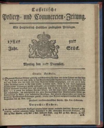 1781tes Jahr. 50tes Stück. Montag den 10ten December