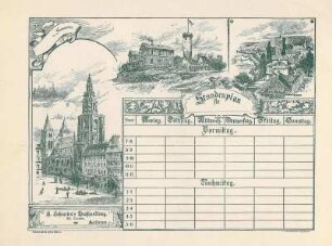 Werbestundenplan von A. Scheuerlen's Buchhandlung (Inh. Theodor Kramer) mit Ansichten (Kilianskirche, Wartberg, Rundsche Villa mit Götzenturm)