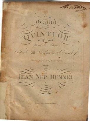 Grand quintuor pour le piano, violon, alto, violoncelle & contrebasse : arrangé d'après le septuor ; oeuvre 74