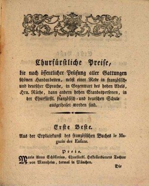 Verzeichniß aller derer, welche sich in der churfürstlich öffentlichen französisch und deutschen Arbeitsfrauenzimmerschule ... ausgezeichnet haben. 1798