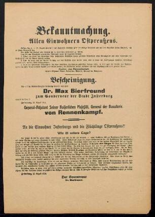 Bekanntmachung. Allen Einwohnern Ostpreußens.