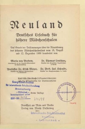 Teil 8, [Schülerband]: Für Klasse 2 (neuntes Schuljahr) und die Obertertia der Studienanstalten : deutsches Lesebuch für höhere Mädchenschulen