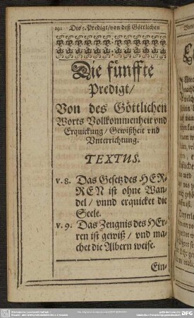 Die fünffte Predigt, Von des Göttlichen Worts Vollkommenheit und Erquickung, Gewißheit und Unterrichtung