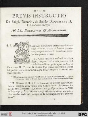 Brevis Instructio de Saigâ, Denario, & Solido Dagoberti II. Francorum Regis
