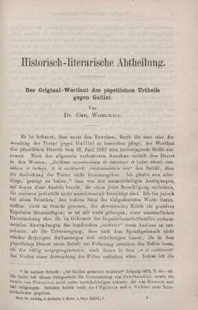 Der Original - Wortlaut des päostlichen Urtheils gegen Galilei.