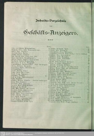 Inhalts-Verzeichnis des Geschäfts-Anzeigers