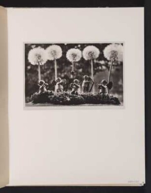 Illustration zum Märchen-Gedicht von Else Seifert "Unter dem Apfelbaum" (aufgenommen für das Fotomärchenbuch"Alle Dinge haben Sprache". Dresden, 1946). Arrangement mit erzgebirgischen Holzfiguren und Früchtezweig vor einer Landschaftsaufnahme