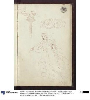 Weibliche Gestalt mit Bühnenmaske in der Hand (Mänade) & Ständer mit Adler & Pflanzliches Geschlinge