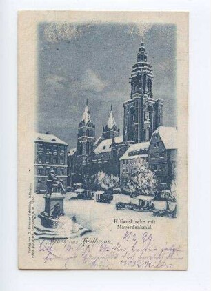 "Kilianskirche mit Mayerdenkmal" - Außenansicht der Kilianskirche von Nordwesten und den Häusern Kaiserstraße 32 und 34, Marktplatz mit Robert-Mayer-Denkmal und Marktständen, im Schnee