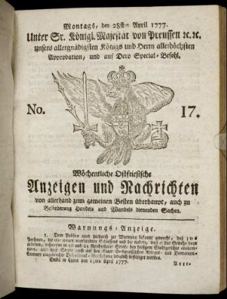 No. 17. Montags, den 28sten April 1777.