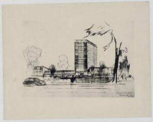 Ideenwettbewerb Amerika-Gedenkbibliothek/Berliner Zentralbibliothek (nicht realisiert) – Perspektivansicht vom Blücherplatz. Berlin-Kreuzberg, Blücherplatz