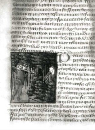 Miniatur und Textseite : Miniatur und Textseite. Pergament; 40 x 37 mm (Miniatur) (1401/1500). Aus: Boccaccius, Johannes: De mulieribus claris. Dresden: SLUB Mscr. F 171b, 34r