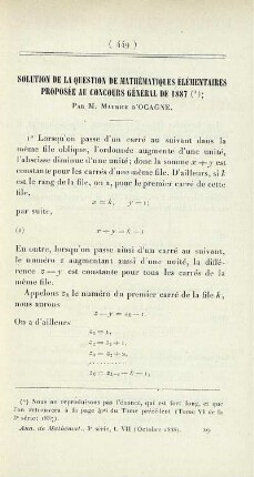 Solution de la question de mathématiques élémentaires proposée au concours général de 1887.