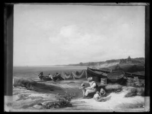 Fischerfamilie und arbeitende Fischer am Strand