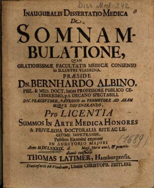 Inauguralis Dissertatio Medica De Somnambulatione