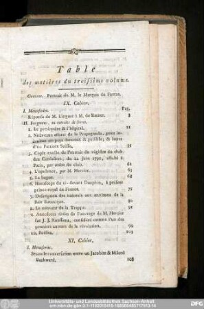Table des matières du troisième volume.