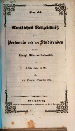 Amtliches Verzeichnis des Personals und der Studierenden der Albertus-Universität zu Königsberg i. Pr, 1861, SS = Nr. 64