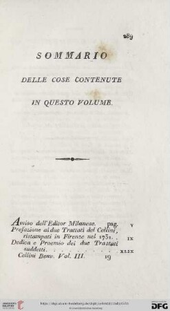 Sommario delle cose contenute in questo volume