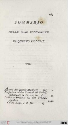 Sommario delle cose contenute in questo volume