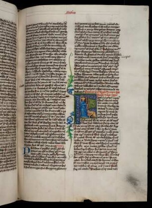 Historisierte Initiale (II. Regum): F(actum est autem): Ein Bote aus dem Lager Sauls überbringt David die Nachricht von Sauls Tod.