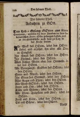 I. [Lob-Gesang der drey babylonischen Knaben.] - V. [Litaney von denen Vollkommenheiten Gottes.]