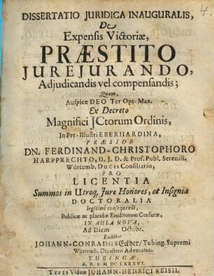 Dissertatio Juridica Inauguralis, De Expensis Victoriae, Praestito Iureiurando, Adiudicandis vel compensandis