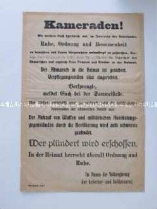 Maueranschlag eines örtlichen Arbeiter- und Soldatenrates mit dem Aufruf zur Bewahrung von Ruhe, Ordnung und Besonnenheit
