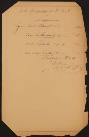 Liste "In die Genossenschaft des F.D.H. wurden neu aufgenommen" (27.05.1875)