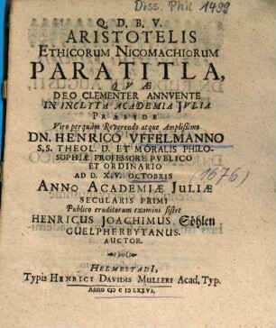 Aristotelis Ethicorum Nicomachiorum Paratitla