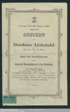 Concert der Dresdener Liedertafel : Freitag, den 26. Januar 1883 im Saale des Gewerbehauses zum Besten der Wassercalamitosen in den Rheinlanden